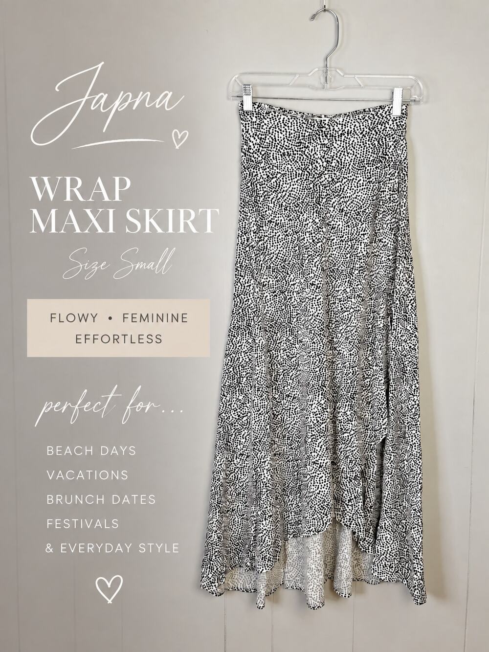 Japna Maxi Skirt Small Black White Spot Dot Print Wrap Boho Coastal Vacation